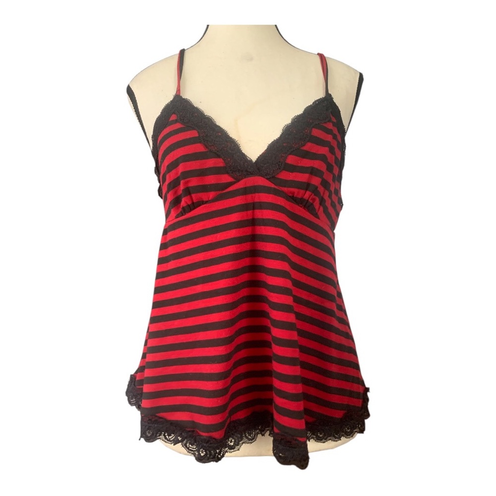 Striped Lace Trim Cami Tank Top - Black & Red
